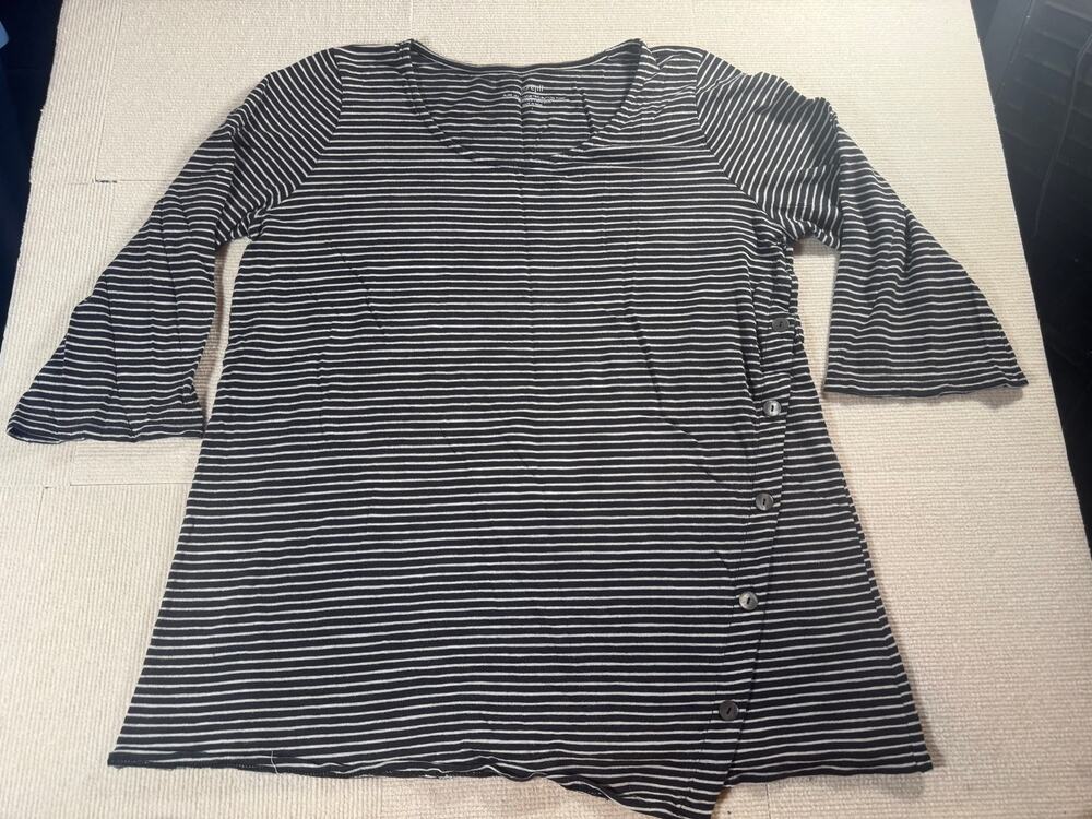 Pure Jill Women's Large Asymmetric Button Tunic Grey Stripes 3/4 Sleeves Cotton
